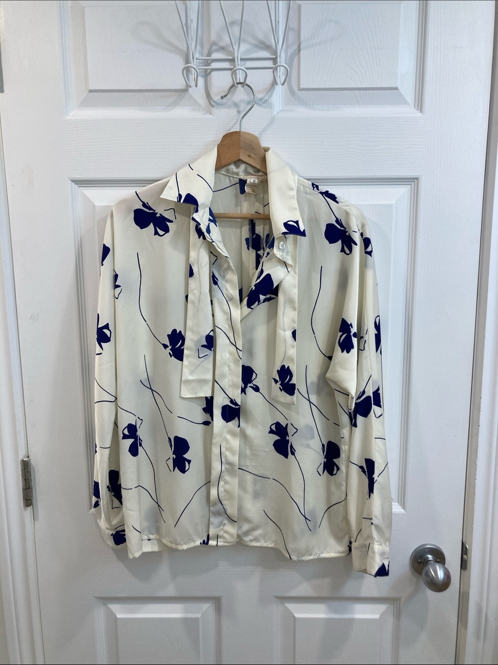 Vintage Jones New York Cream Blouse with Navy Floral Accents